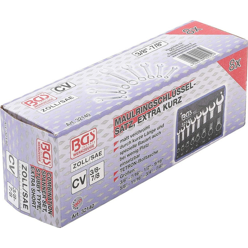 Llaves Combinadas Extra Cortas Estándar 3/8 - 7/8 | 8 Piezas