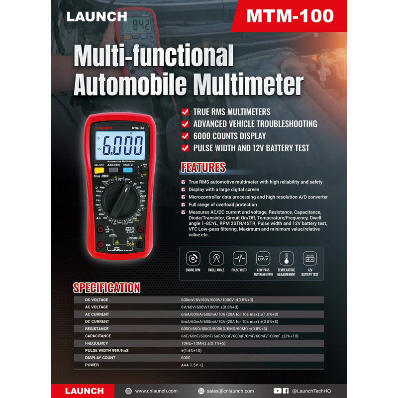 Multímetro Automotriz Launch Mtm-100 Profesional