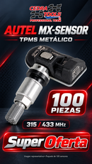 Autel MX-Sensor TPMS metálico 315/433 MHz — vista de producto y accesorios